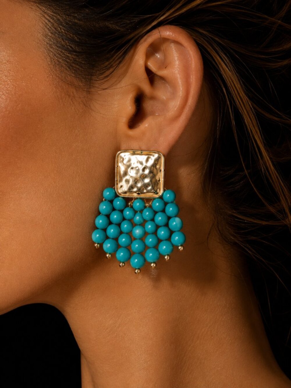 SOHI New York Turquoise Beaded Statement Earrings Gold Hammered NIB